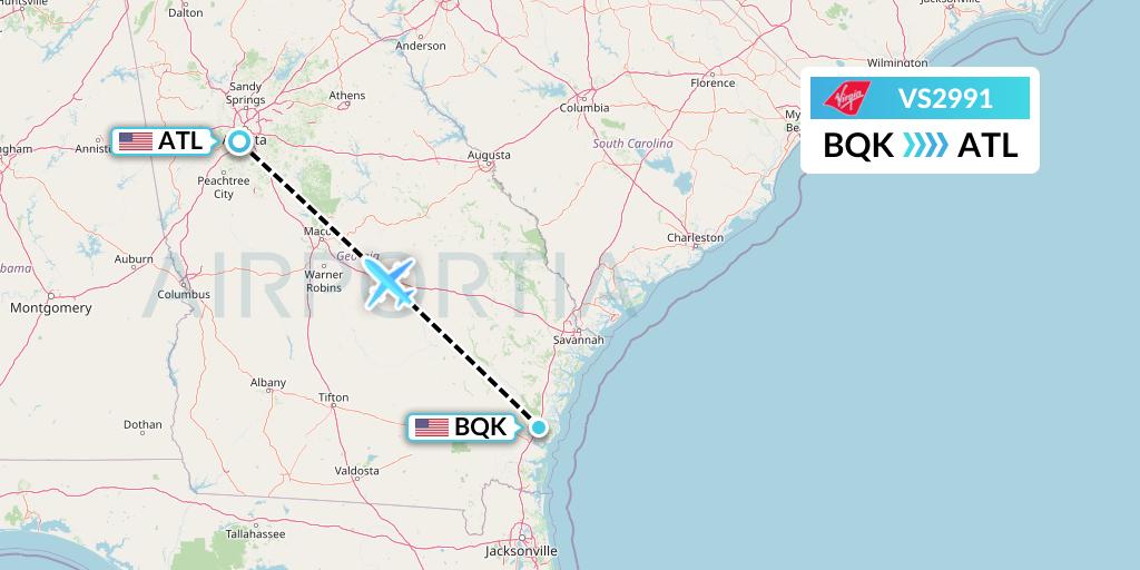VS2991 Virgin Atlantic Airways Flight Map: Brunswick to Atlanta
