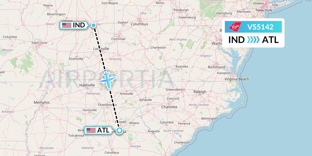 VS5142 Virgin Atlantic Airways Flight Map: Indianapolis to Atlanta