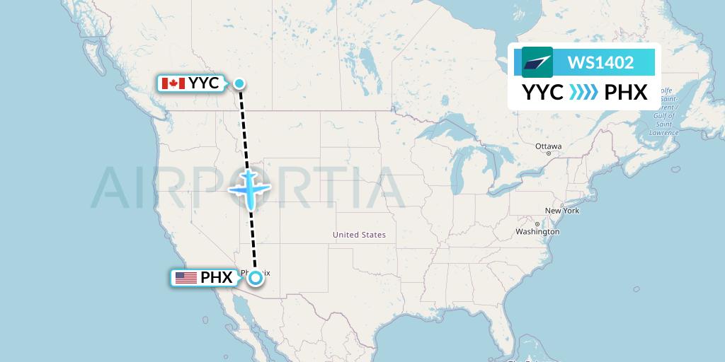 WS1402 WestJet Flight Map: Calgary to Phoenix