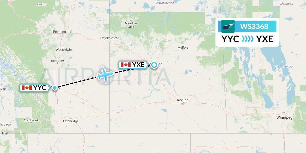 WS3368 WestJet Flight Map: Calgary to Saskatoon