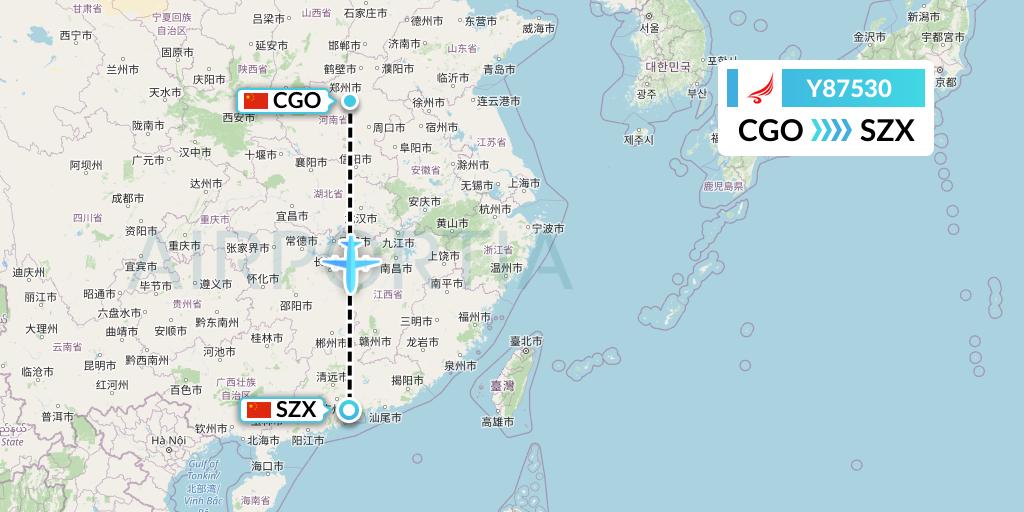 Y87530 Yangtze River Express Flight Map: Zhengzhou to Shenzhen