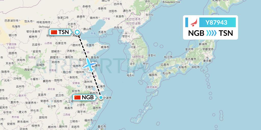Y87943 Yangtze River Express Flight Map: Ningbo to Tianjin
