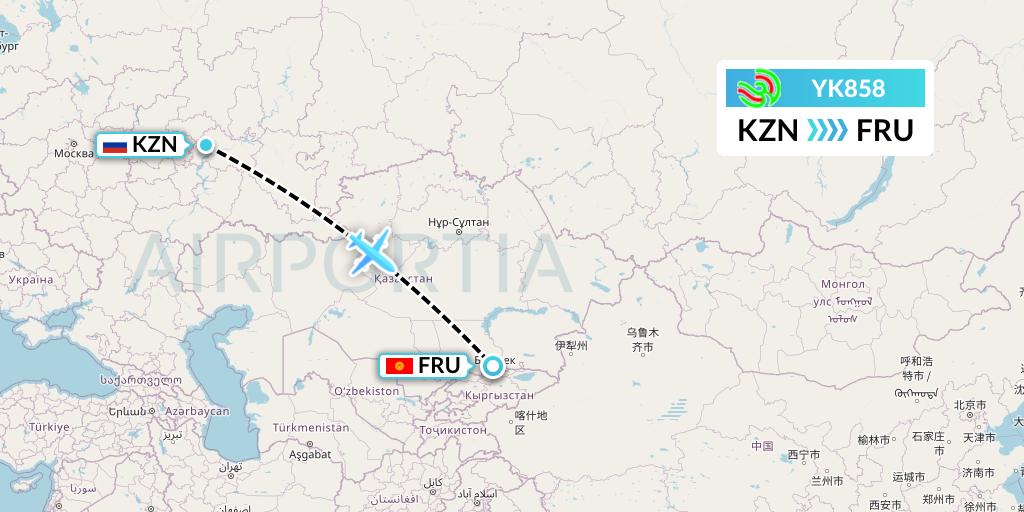 YK858 Avia Traffic Flight Map: Kazan to Bishkek