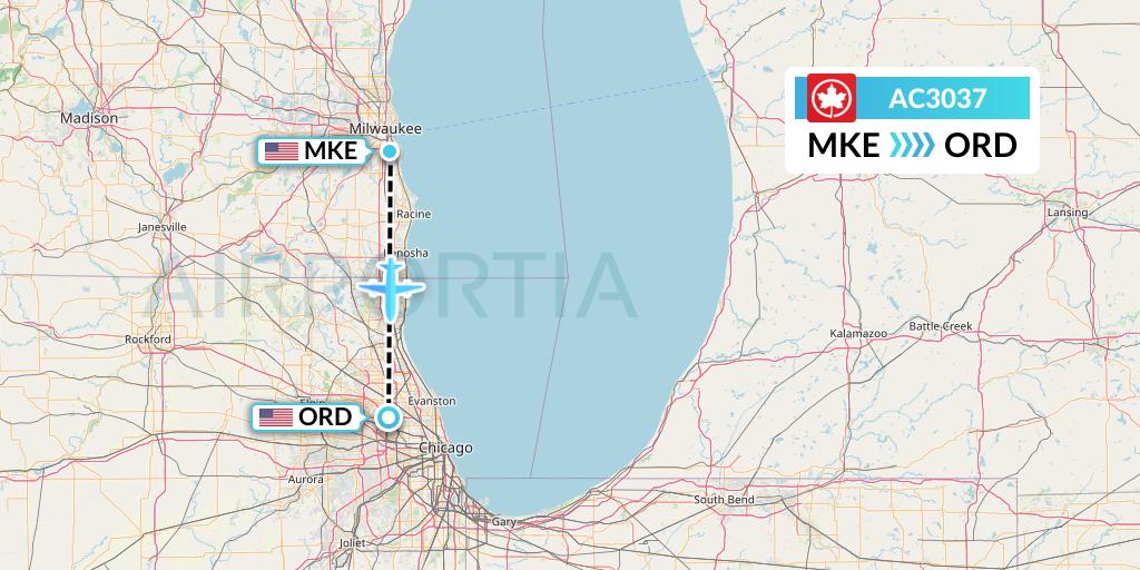 AC3037 Air Canada Flight Map: Milwaukee to Chicago