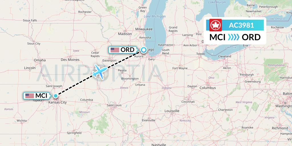 AC3981 Air Canada Flight Map: Kansas City to Chicago