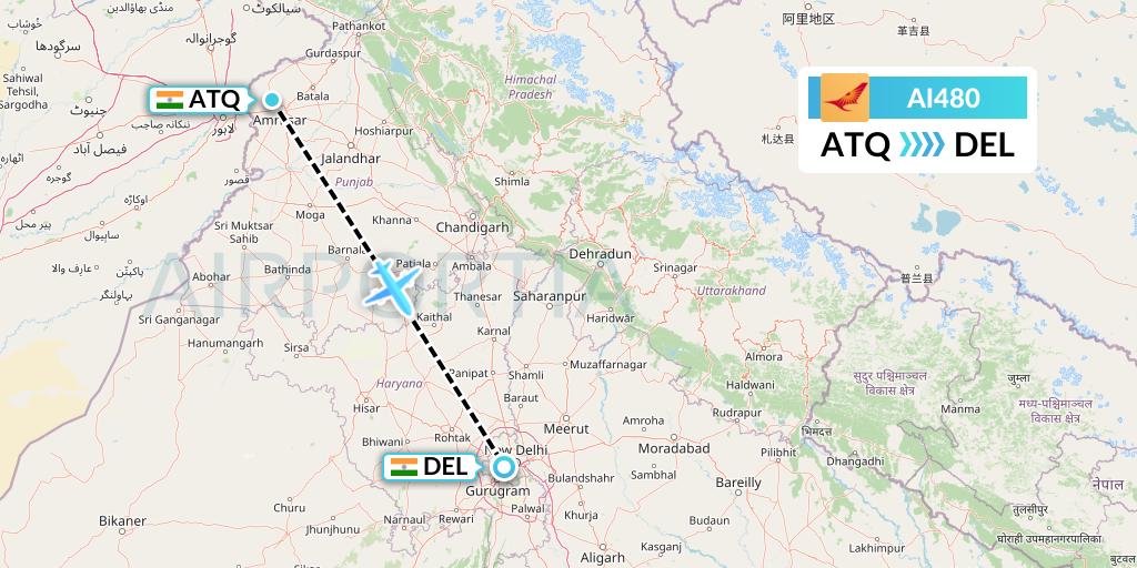 AI480 Air India Flight Map: Amritsar to Delhi
