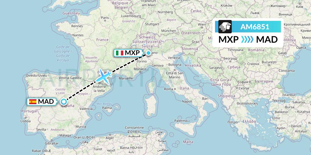 AM6851 Aeromexico Flight Map: Milan to Madrid