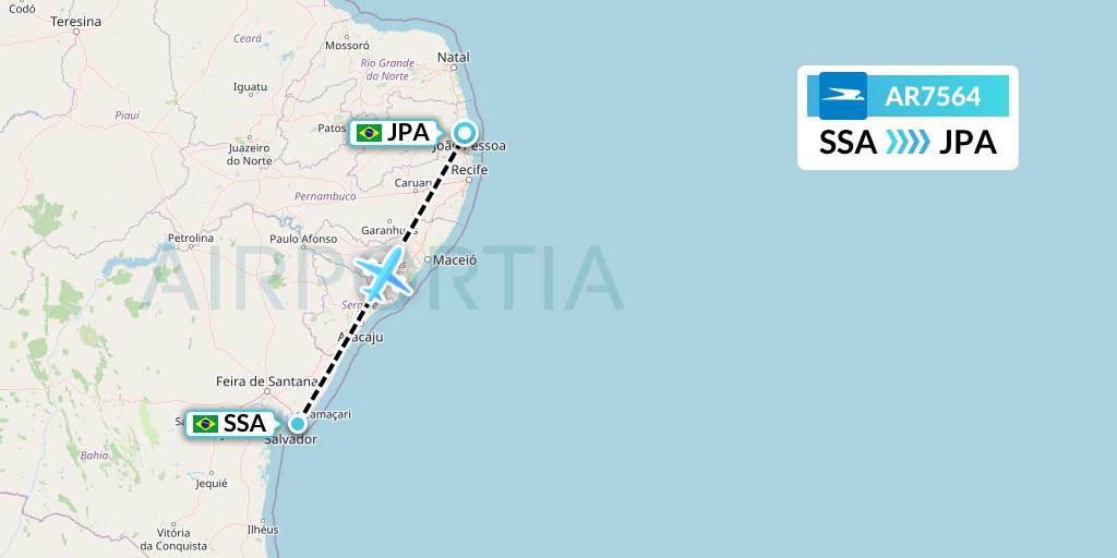 AR7564 Aerolineas Argentinas Flight Map: Salvador to Joao Pessoa
