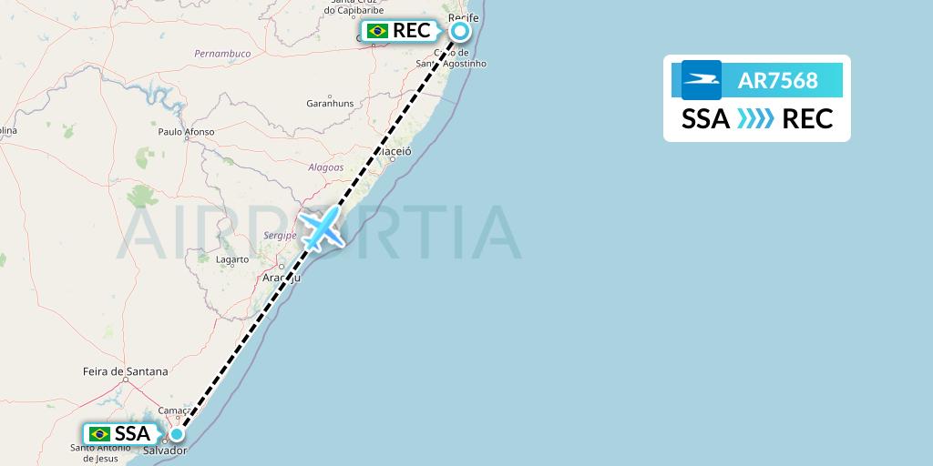 AR7568 Aerolineas Argentinas Flight Map: Salvador to Recife