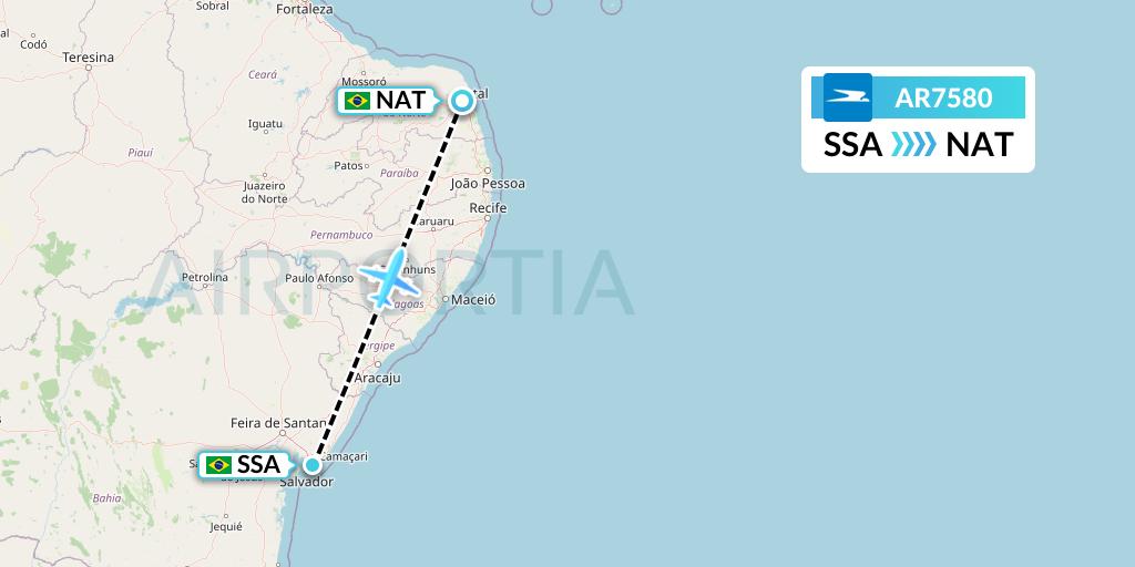 AR7580 Aerolineas Argentinas Flight Map: Salvador to Natal