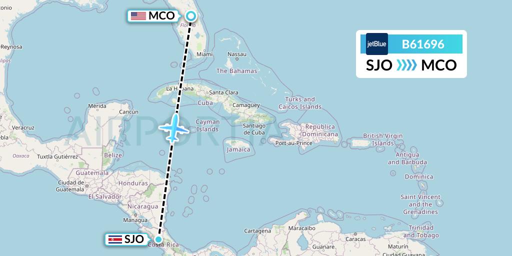 B61696 JetBlue Airways Flight Map: San Jose to Orlando