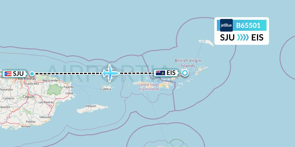B65501 JetBlue Airways Flight Map: San Juan to Beef Island