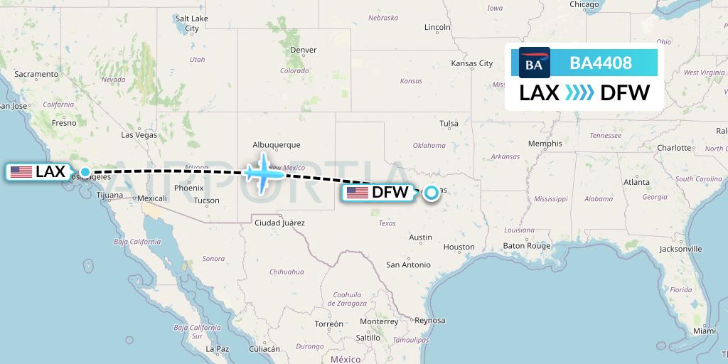 BA4408 British Airways Flight Map: Los Angeles to Dallas
