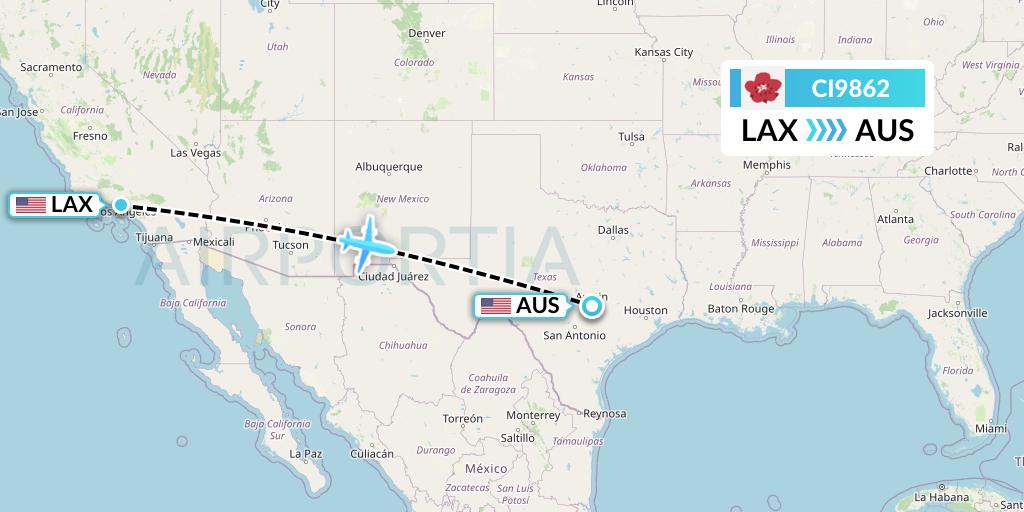 CI9862 China Airlines Flight Map: Los Angeles to Austin