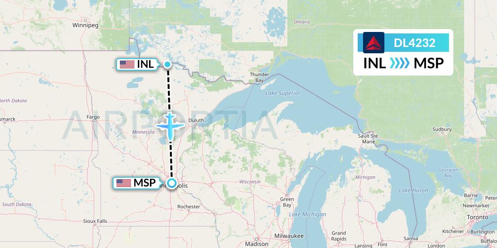 DL4232 Delta Air Lines Flight Map: International Falls to Minneapolis
