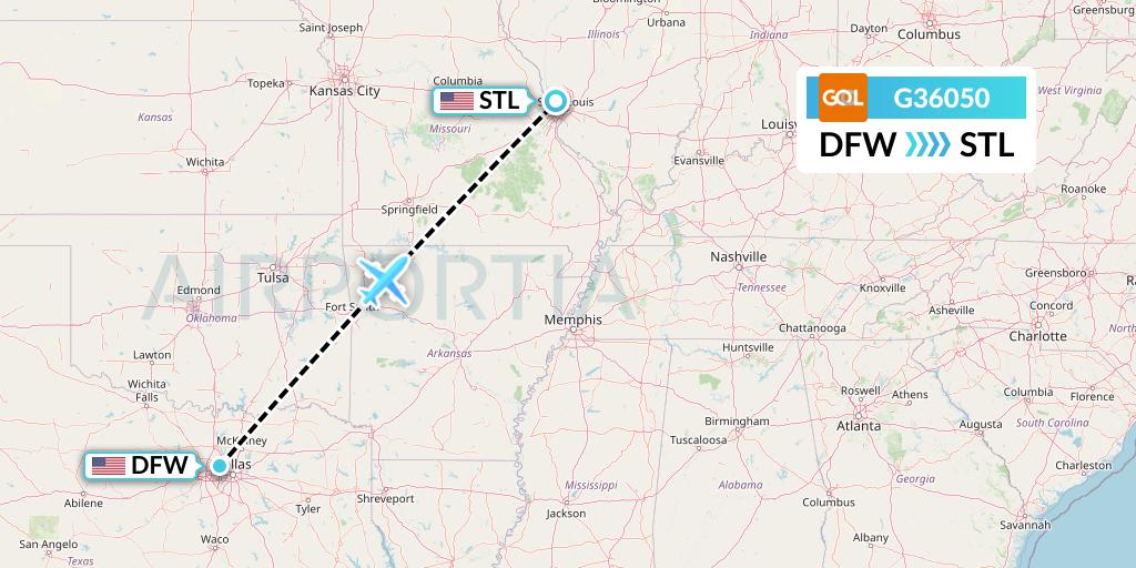 G36050 GOL Transportes Aeros Flight Map: Dallas to St. Louis