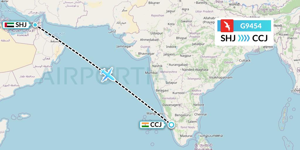 G9454 Air Arabia Flight Map: Sharjah to Kozhikode