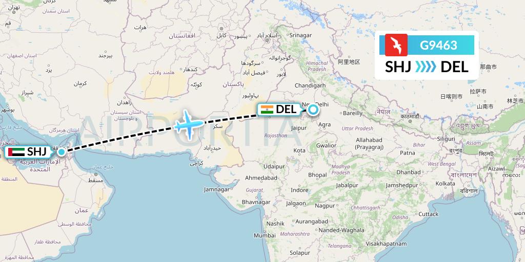 G9463 Air Arabia Flight Map: Sharjah to Delhi