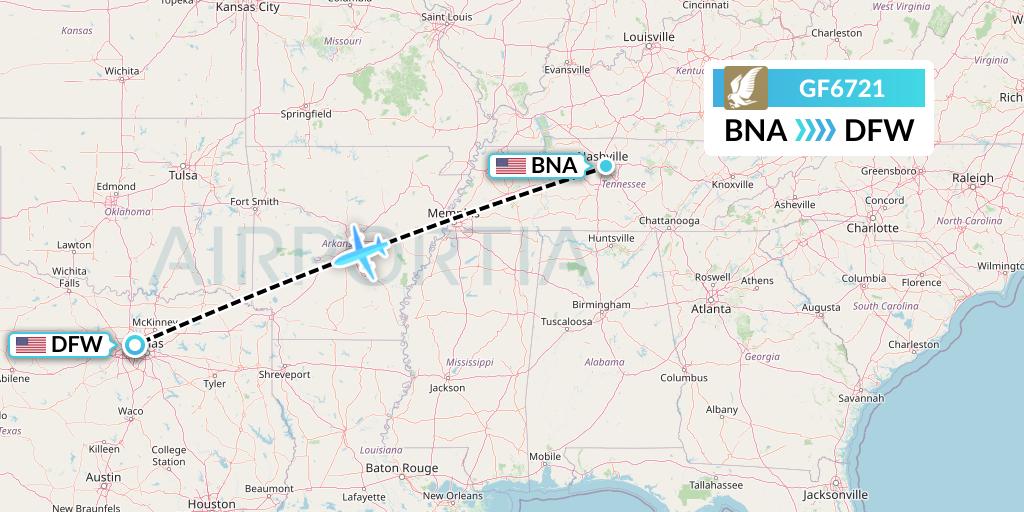GF6721 Gulf Air Flight Map: Nashville to Dallas
