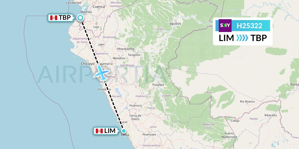 H25322 Sky Airline Flight Map: Lima to Tumbes
