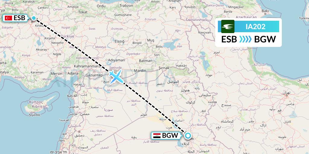 IA202 Iraqi Airways Flight Map: Ankara to Baghdad