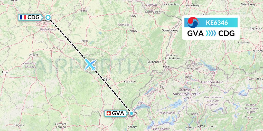 KE6346 Korean Air Flight Map: Geneva to Paris