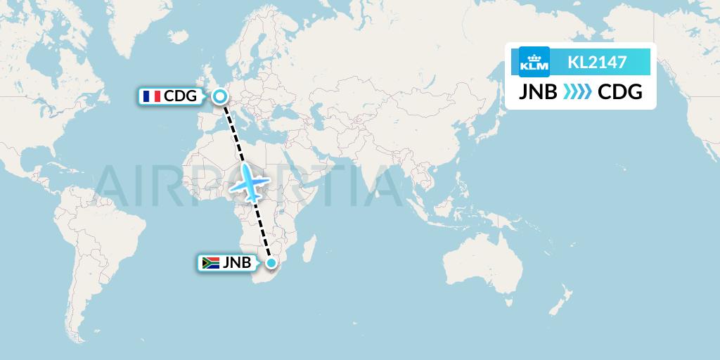KL2147 KLM Flight Map: Johannesburg to Paris