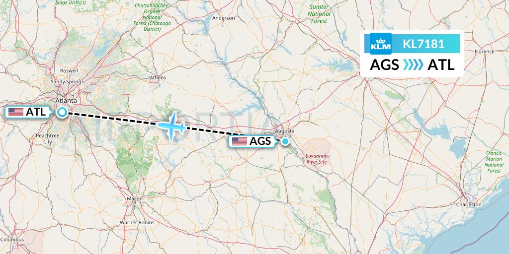 KL7181 KLM Flight Map: Augusta to Atlanta