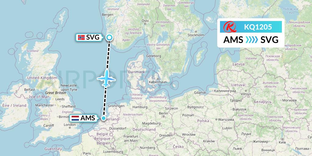 KQ1205 Kenya Airways Flight Map: Amsterdam to Stavanger
