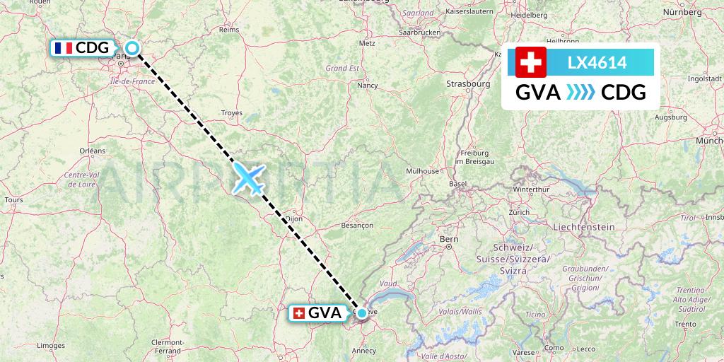 LX4614 Swiss Flight Map: Geneva to Paris