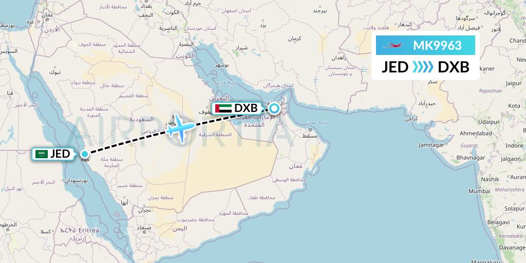 MK9963 Air Mauritius Flight Map: Jeddah to Dubai