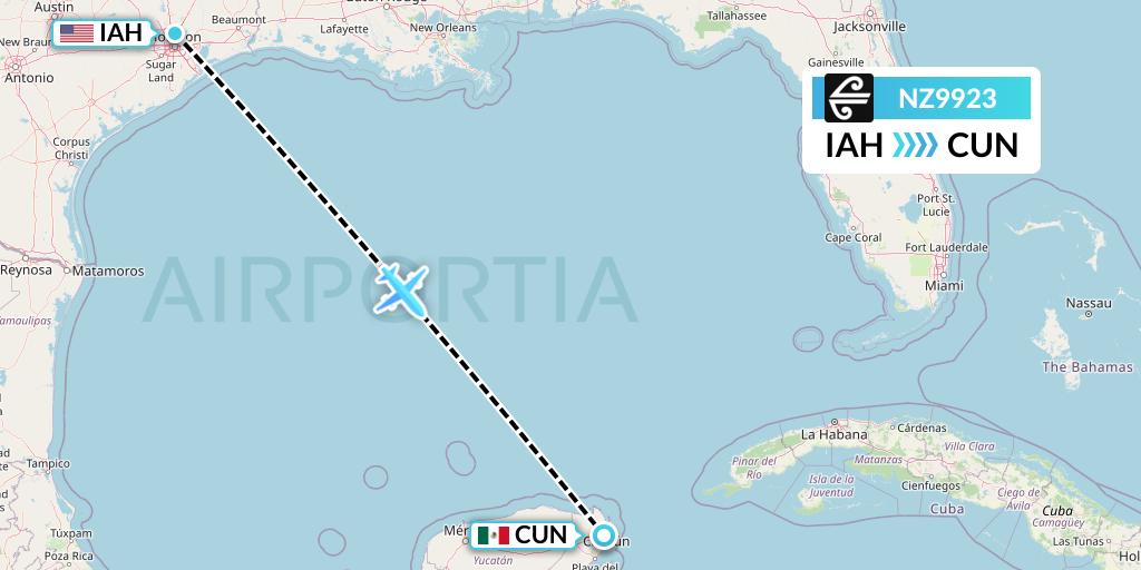 NZ9923 Air New Zealand Flight Map: Houston to Cancun