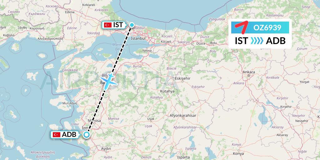 OZ6939 Asiana Airlines Flight Map: Istanbul to Izmir