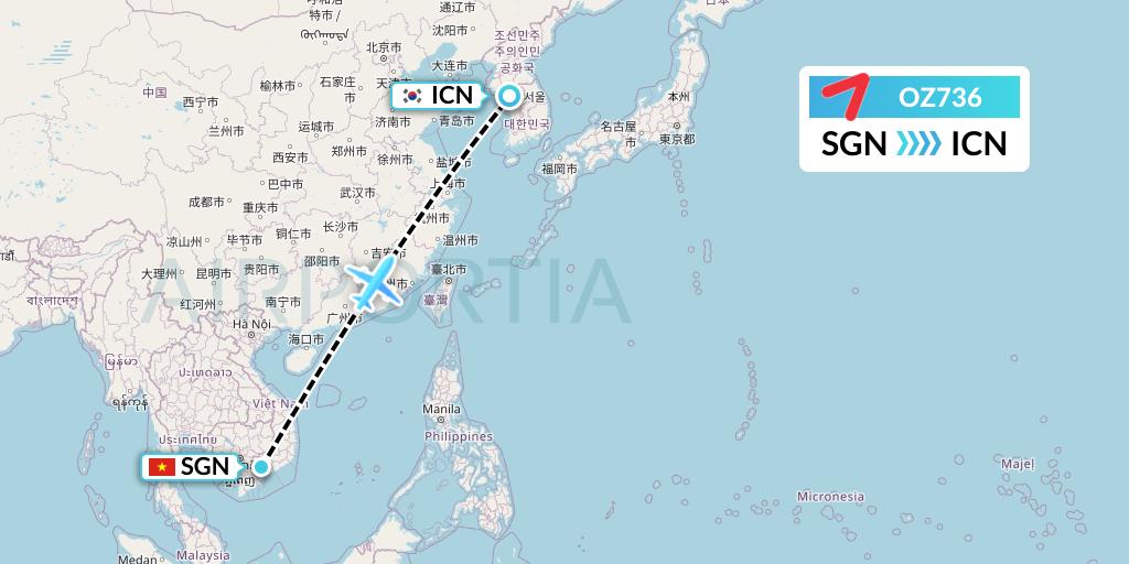OZ736 Asiana Airlines Flight Map: Ho Chi Minh City to Seoul