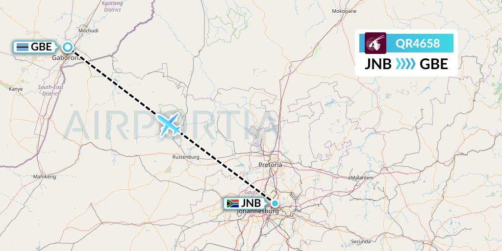 QR4658 Qatar Airways Flight Map: Johannesburg to Gaborone