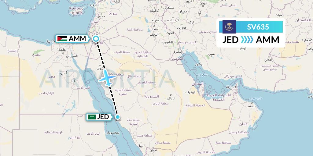 SV635 Saudi Arabian Airlines Flight Map: Jeddah to Amman