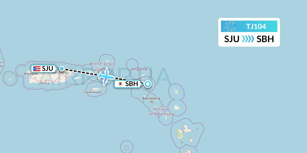 TJ104 Tradewind Aviation Flight Map: San Juan to St. Jean
