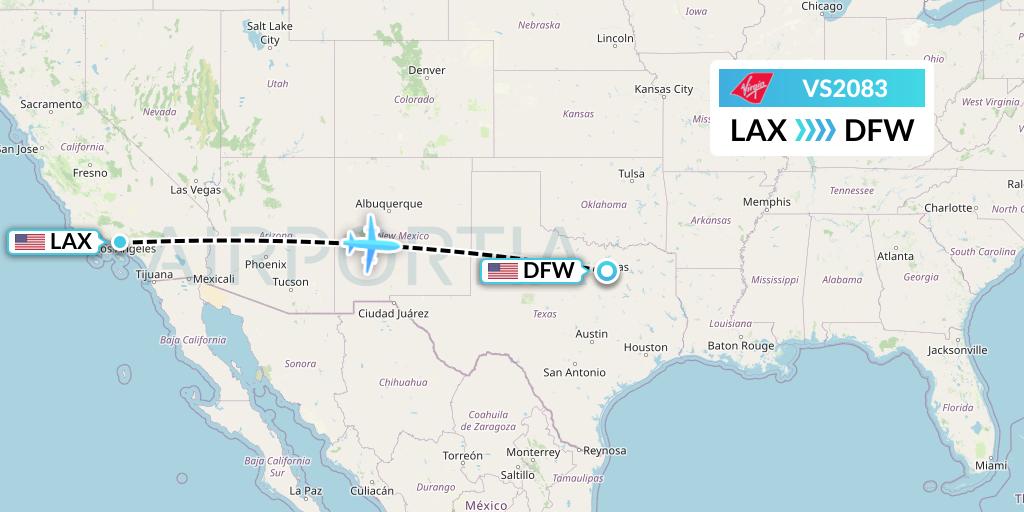VS2083 Virgin Atlantic Airways Flight Map: Los Angeles to Dallas