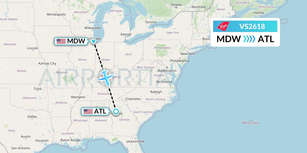VS2618 Virgin Atlantic Airways Flight Map: Chicago to Atlanta