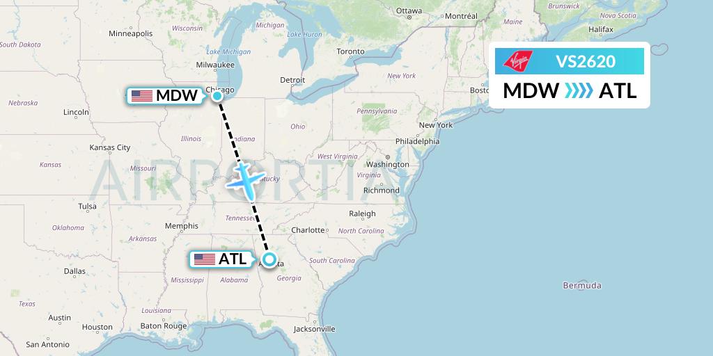 VS2620 Virgin Atlantic Airways Flight Map: Chicago to Atlanta