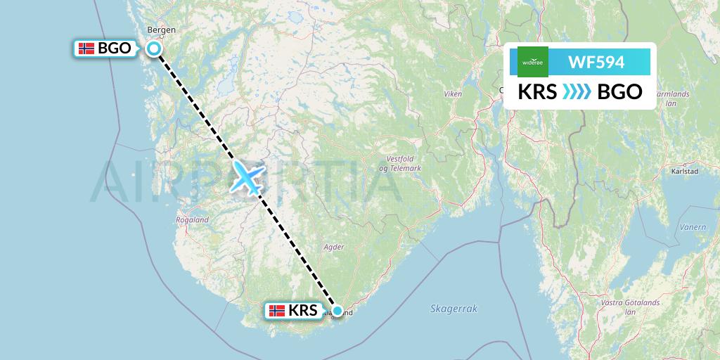WF594 Wideroe Flight Map: Kristiansand to Bergen