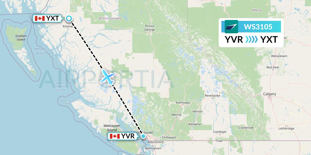 WS3105 WestJet Flight Map: Vancouver to Terrace