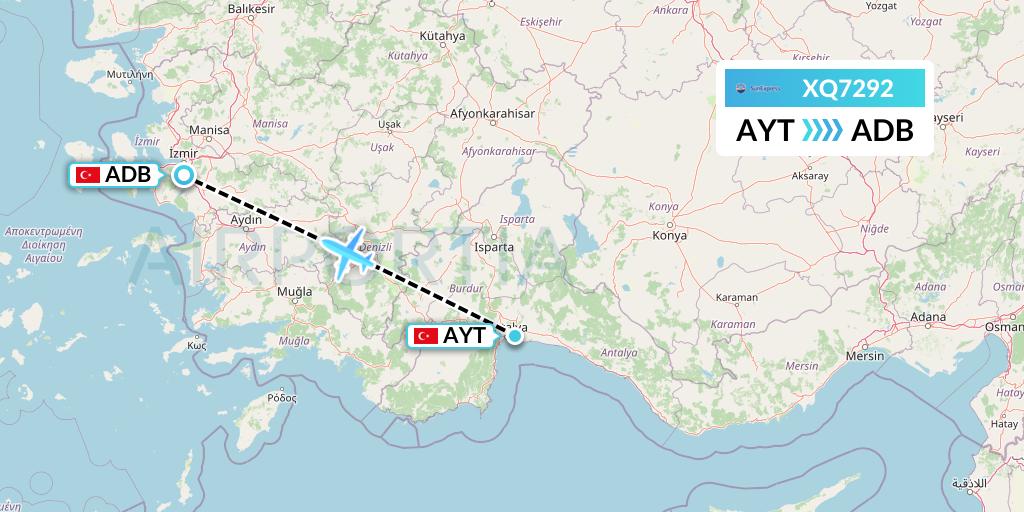 XQ7292 SunExpress Flight Map: Antalya to Izmir