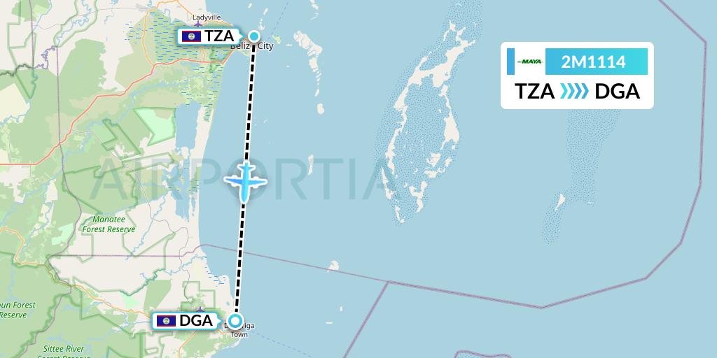 2M1114 Maya Island Air Flight Map: Belize City to Dangriga