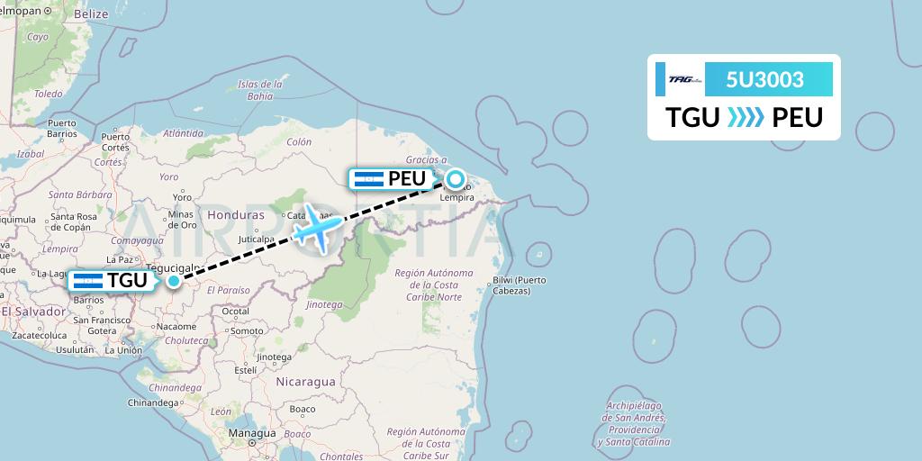 5U3003 TAG Airlines Flight Map: Tegucigalpa to Puerto Lempira