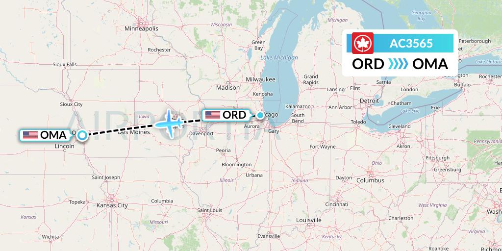 AC3565 Air Canada Flight Map: Chicago to Omaha