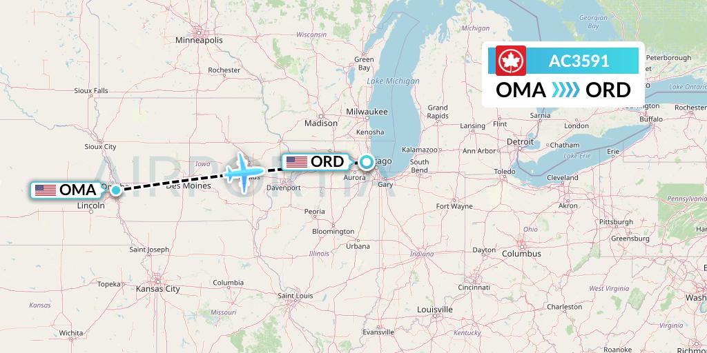AC3591 Air Canada Flight Map: Omaha to Chicago