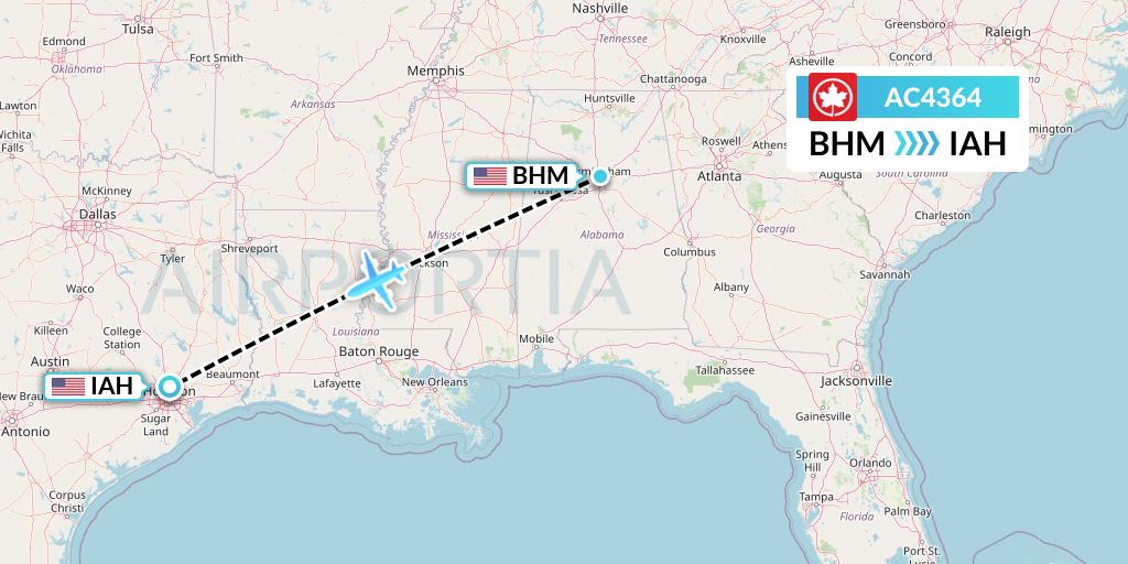 AC4364 Air Canada Flight Map: Birmingham to Houston
