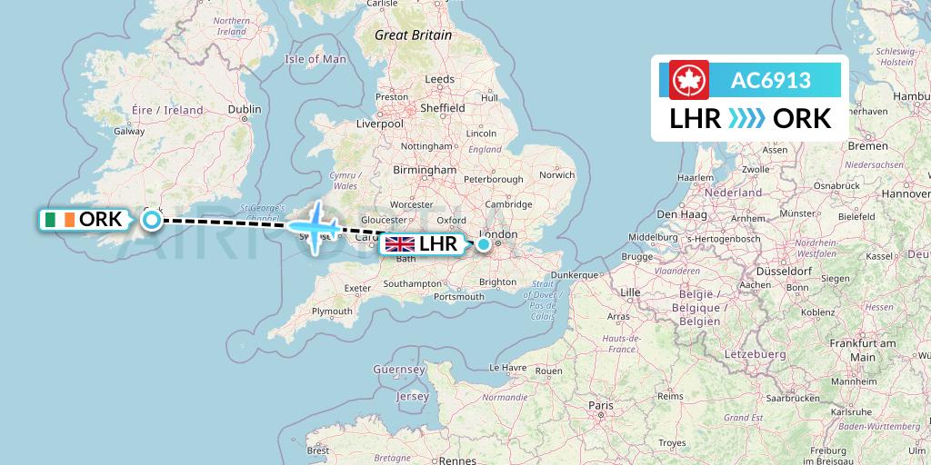 AC6913 Air Canada Flight Map: London to Cork