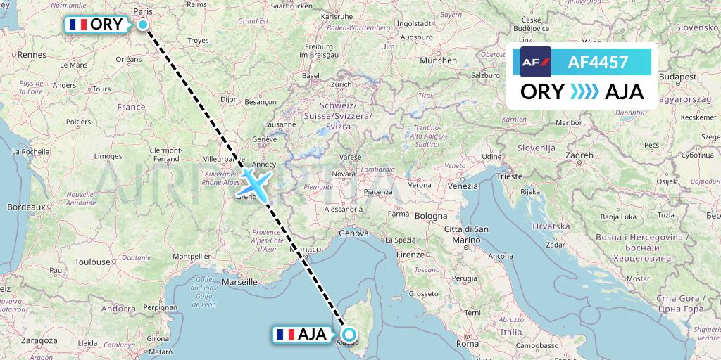 AF4457 Air France Flight Map: Paris to Ajaccio